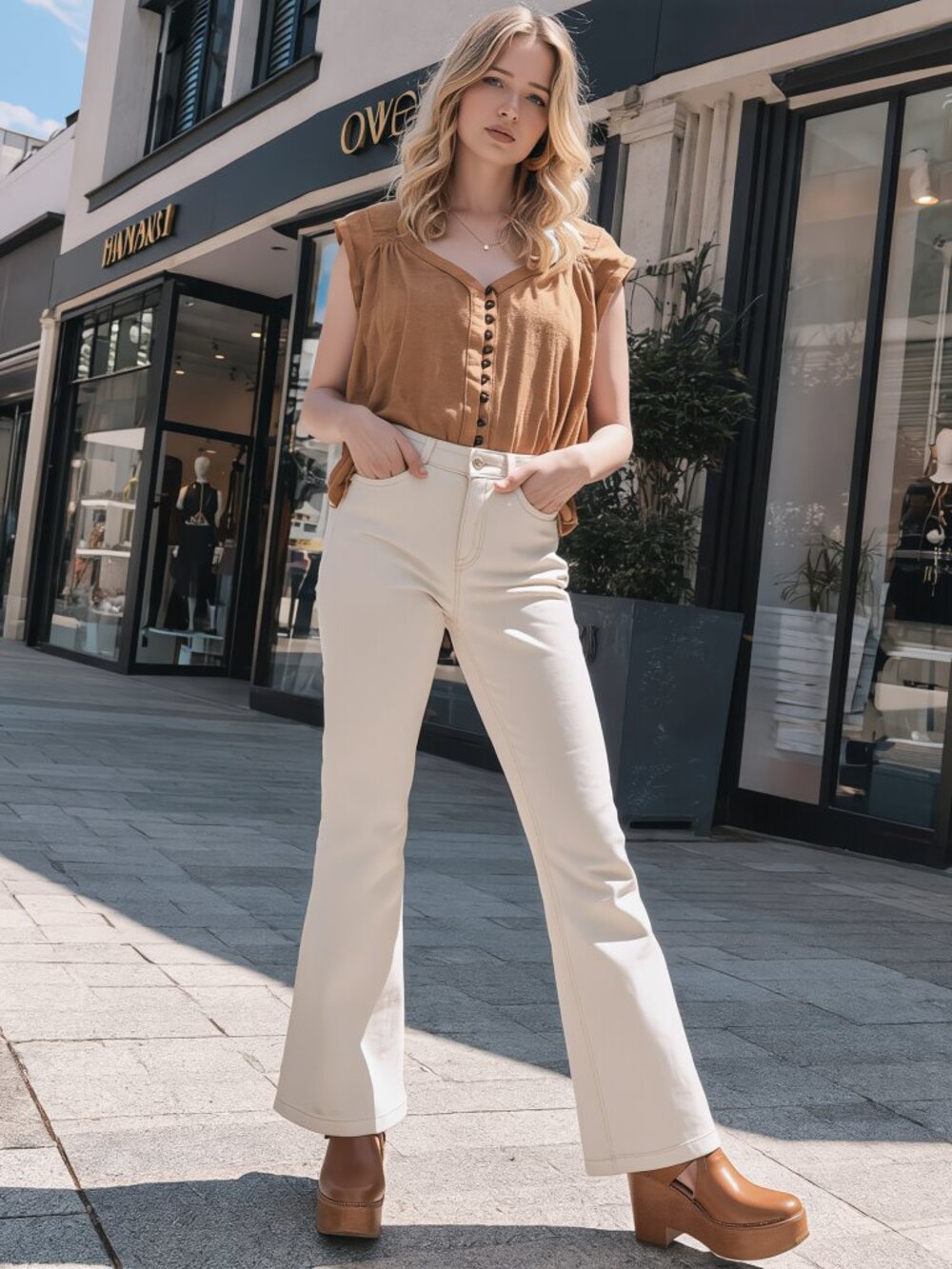 Free People Camel Linen Blend Button Front Flowy Top | Smocked Yoke | Raw Hem XS